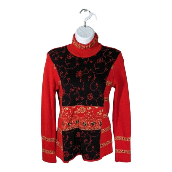 Dolce Bella Merino  Wool Turtleneck Sweater Red/Black/Gold - Picture 2 of 8